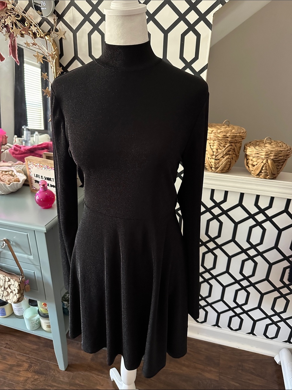 wild fable Black Long-Sleeve Mock Neck Fit & Flare Dress